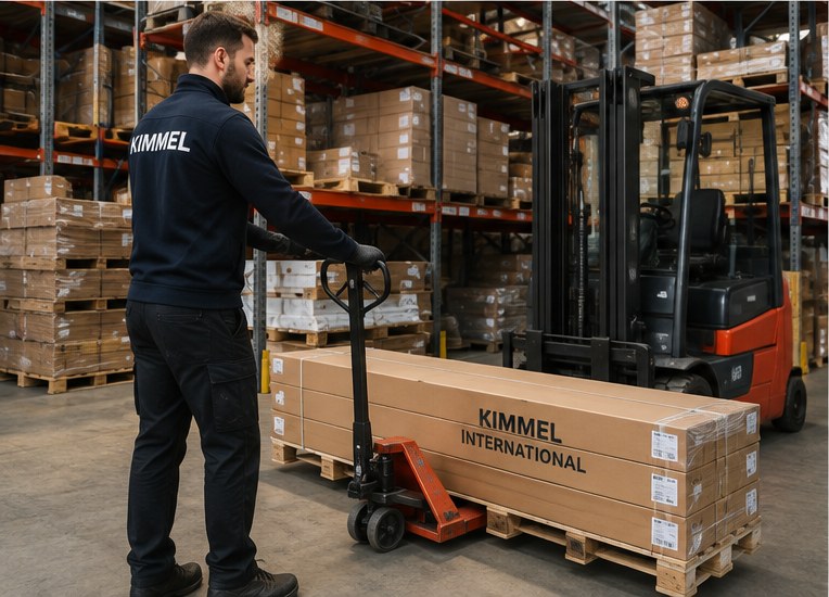 Kimmel Hub team member moving a pallet of furniture packages in the warehouse
