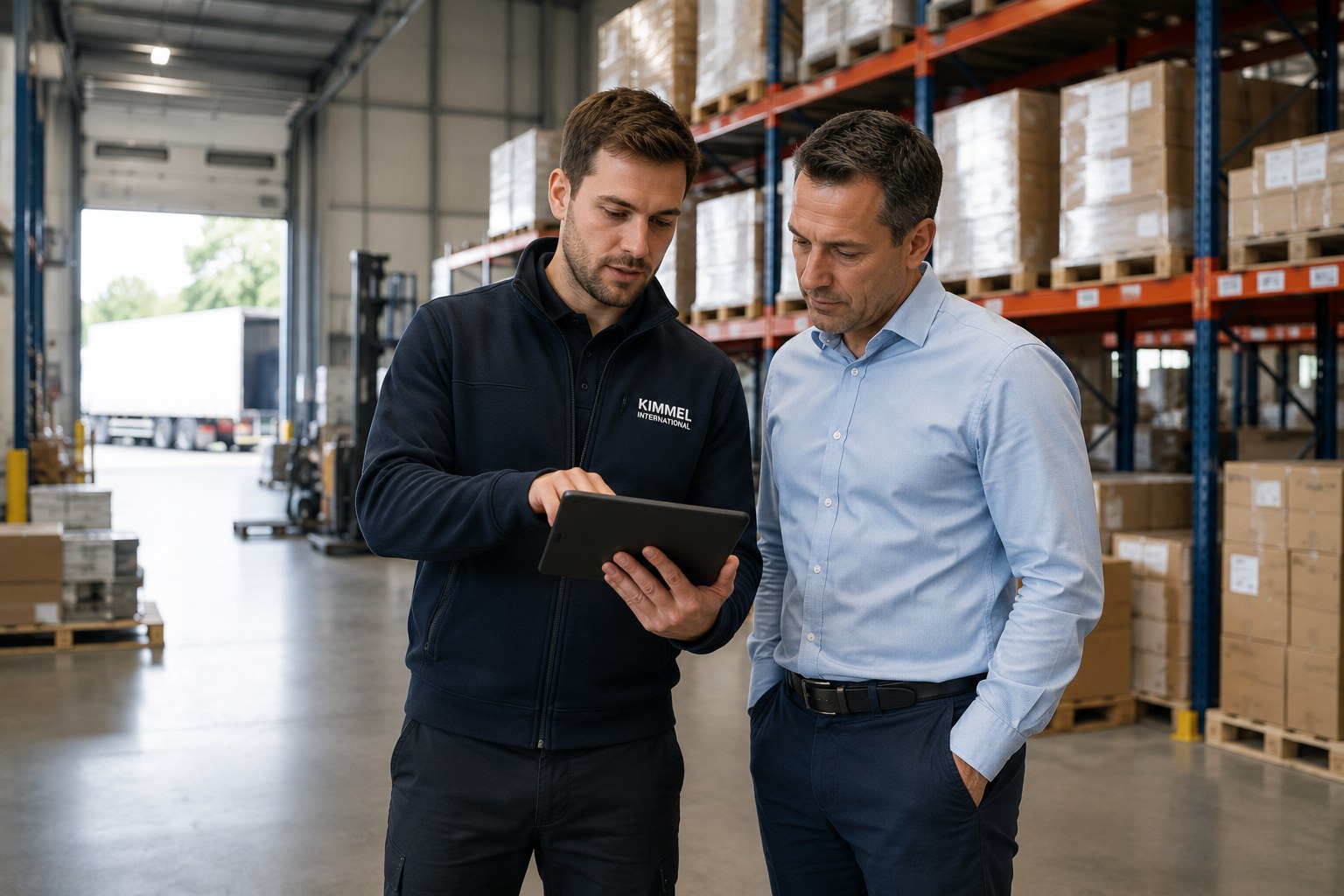 Kimmel Hub team members reviewing warehouse data on a tablet
