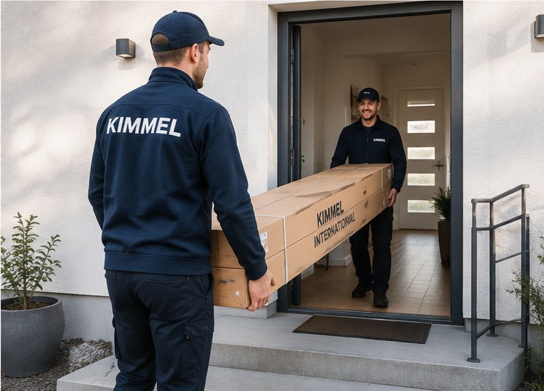 Kimmel Hub courier handing over a Kimmel-branded furniture package at the customer's door